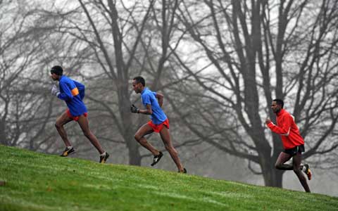 Tsegai Tewelde, Tewoldebrhan Mengisteab and Amanuel Hagos during training in Bellahouston Park. Picture PA