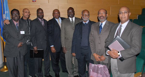 Photo: (L-R) Dr. Fahia Saeed, Petros Haile, Magn Nyang, Al McFarlane, Obang Metho, Dr. Bereket Habte Sellassie, Dr. Ahmed Samatar, and Seyoum Tesfaye. Photo by Suluki Fardan .